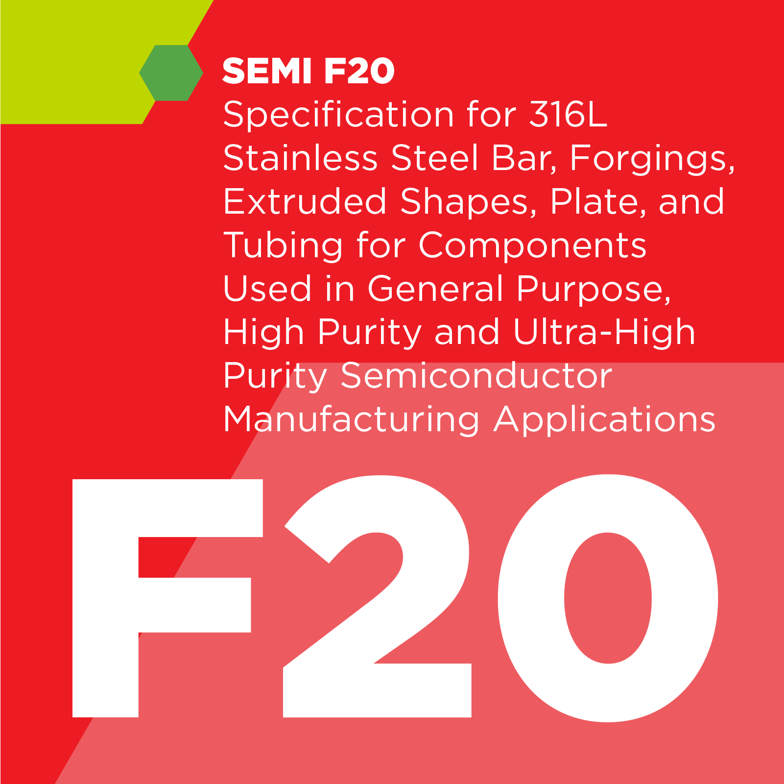 F02000 - SEMI F20 - Specification for 316L Stainless Steel Bar, Forgings, Extruded Shapes, Plate, and Tubing for Components Used in General Purpose, High Purity and Ultra-High Purity Semiconductor Manufacturing Applications - SEMI Dev 2